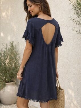 Umgee Linen Blend Open Back Shift Dress Navy Coastal Boho Small